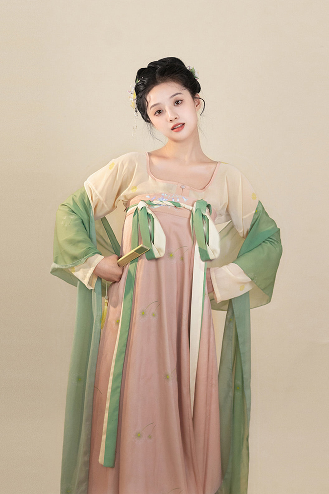 Tang Dynasty Pink Hanfu Dress One Piece Chest High Pleated Skirt Printed - yupushuo 与蒲说