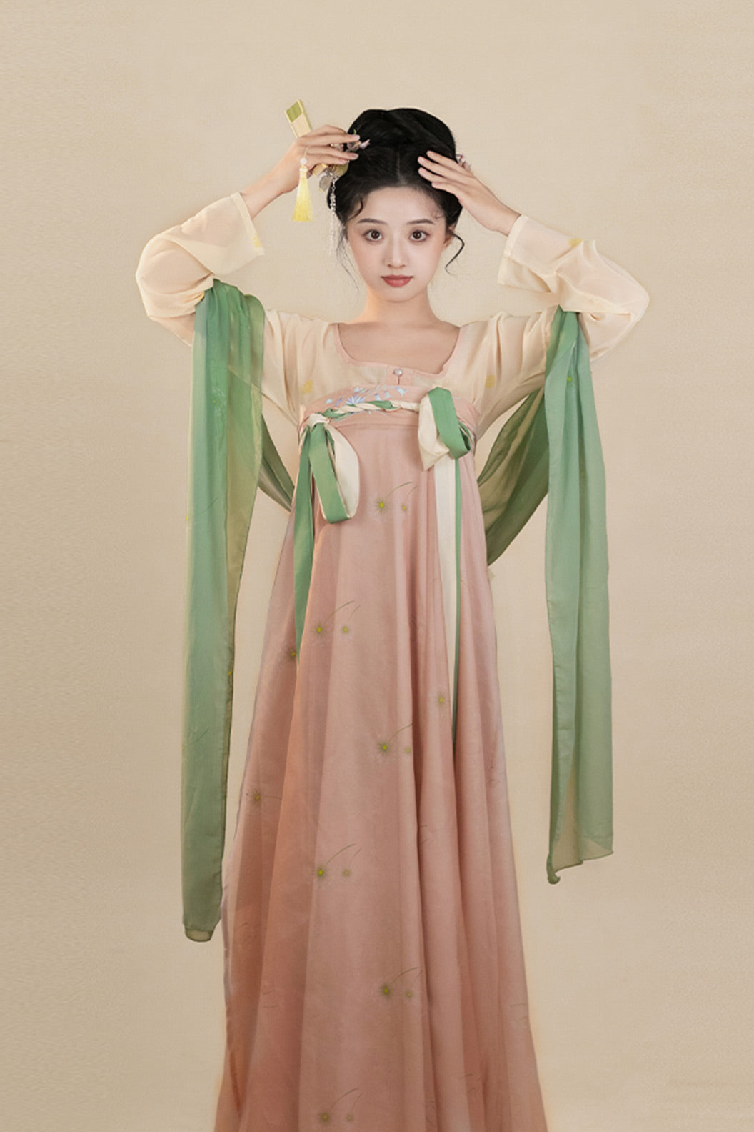 Tang Dynasty Pink Hanfu Dress One Piece Chest High Pleated Skirt Printed - yupushuo 与蒲说