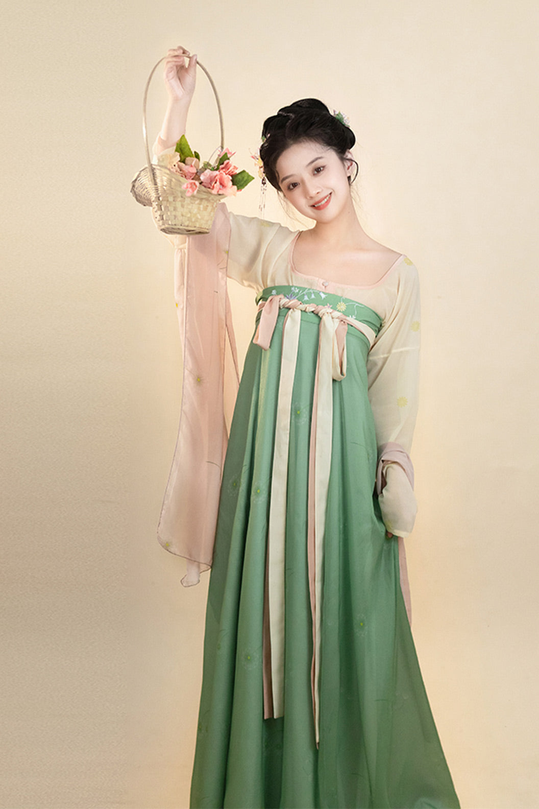 Tang Dynasty Pink Hanfu Dress One Piece Chest High Pleated Skirt Printed - yupushuo 与蒲说