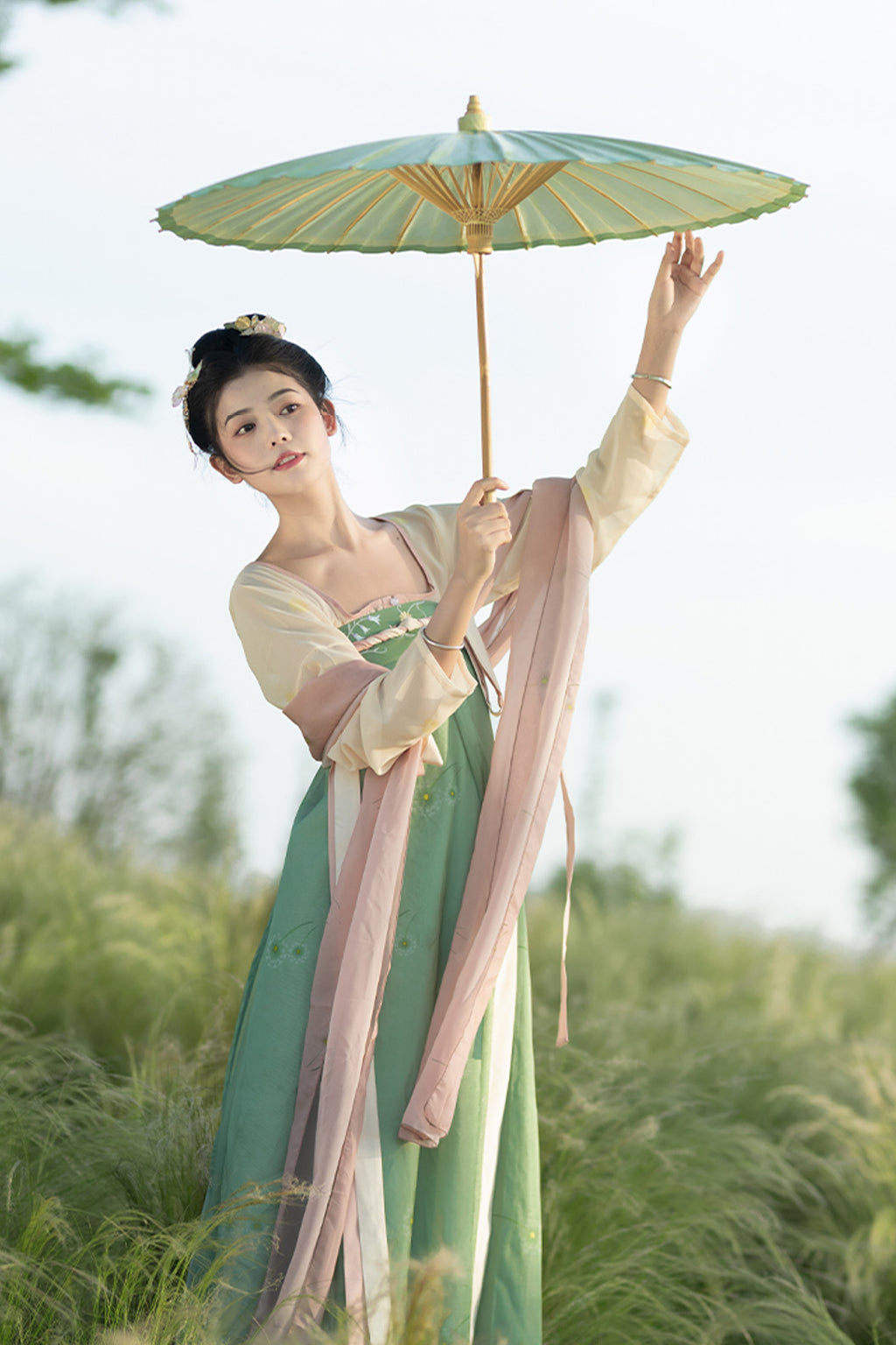 Tang Dynasty Pink Hanfu Dress One Piece Chest High Pleated Skirt Printed - yupushuo 与蒲说