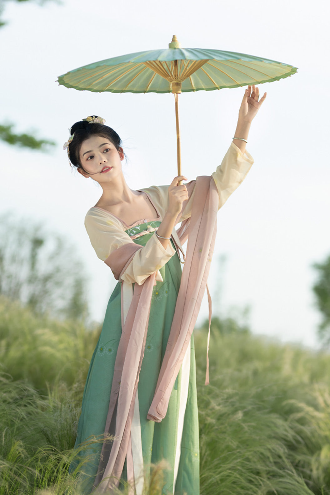Tang Dynasty Pink Hanfu Dress One Piece Chest High Pleated Skirt Printed - yupushuo 与蒲说