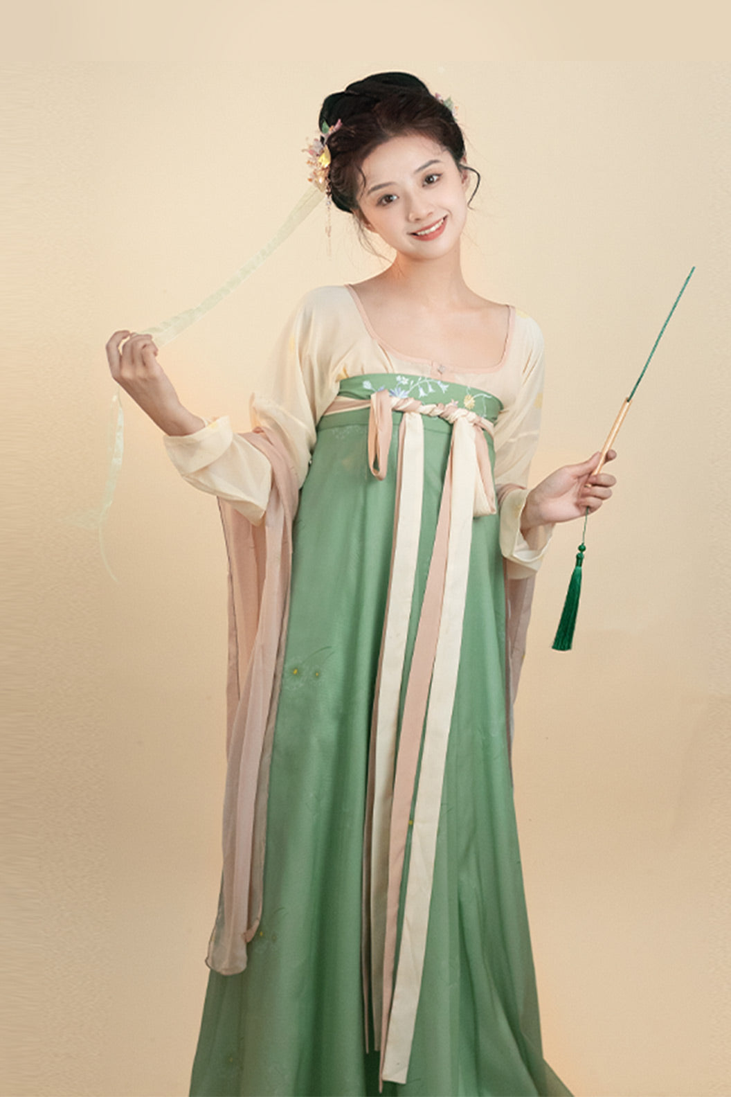 Tang Dynasty Pink Hanfu Dress One Piece Chest High Pleated Skirt Printed - yupushuo 与蒲说