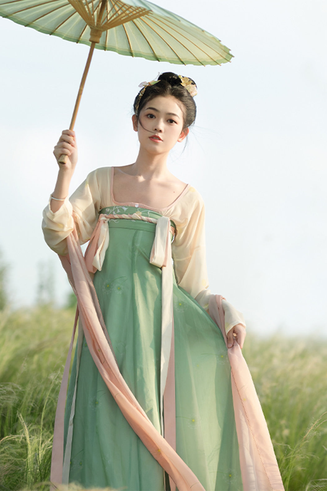 Tang Dynasty Pink Hanfu Dress One Piece Chest High Pleated Skirt Printed - yupushuo 与蒲说