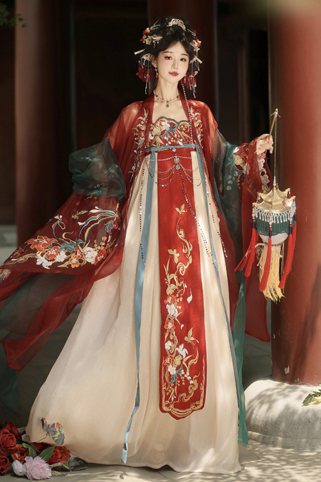 Tang Dynasty Red Hanfu Dress with Hezi Skirt and Heavy Embroidery - ruyijinchai 如意金钗