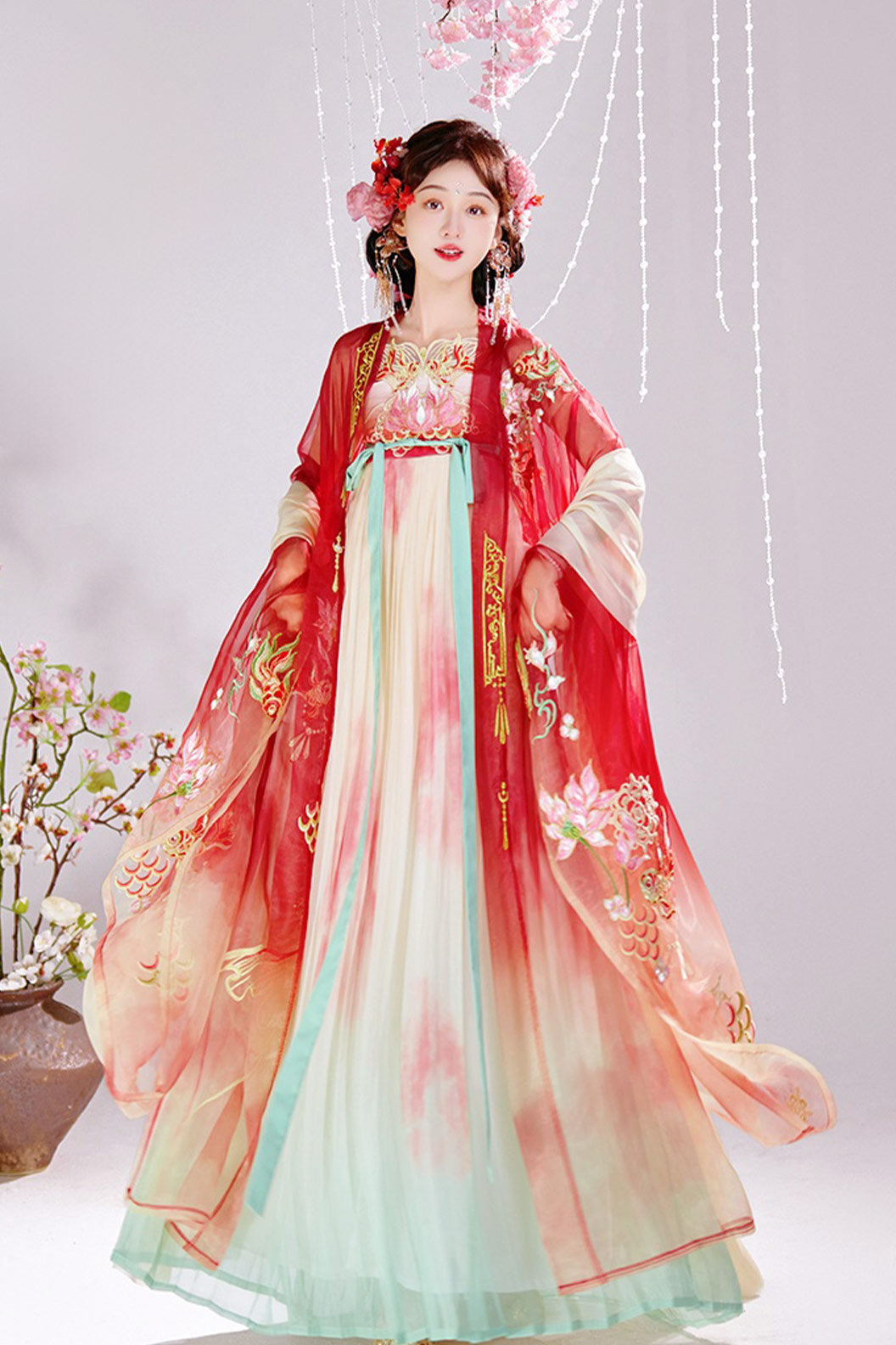 Tang Dynasty Embroidered Large Sleeve Robe Hezi Pleated Skirt Hanfu Dress - jinyuji 金鱼姬