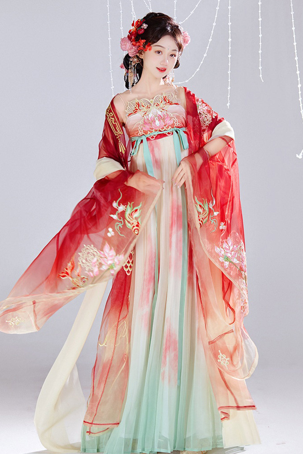 Tang Dynasty Embroidered Large Sleeve Robe Hezi Pleated Skirt Hanfu Dress - jinyuji 金鱼姬