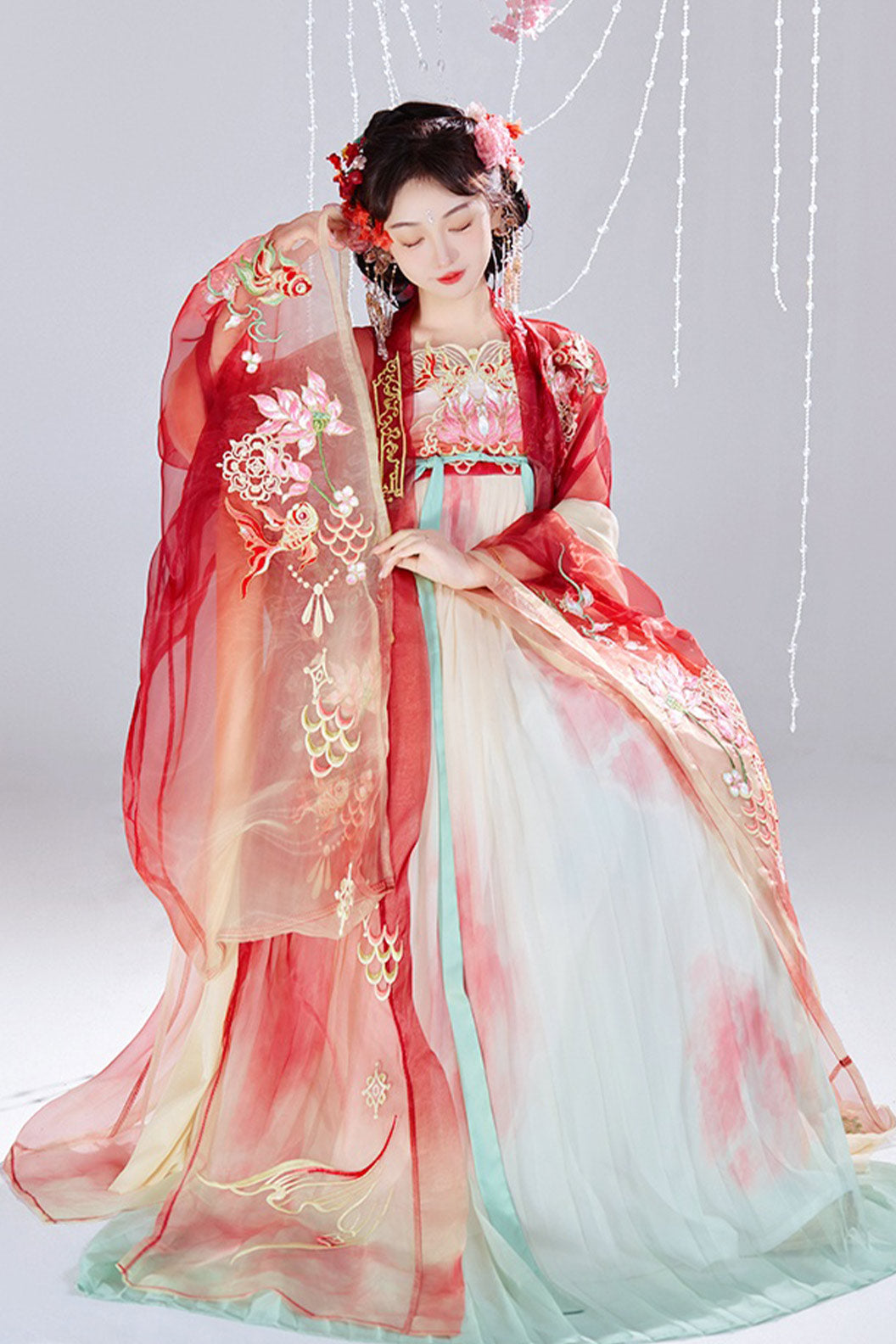 Tang Dynasty Embroidered Large Sleeve Robe Hezi Pleated Skirt Hanfu Dress - jinyuji 金鱼姬