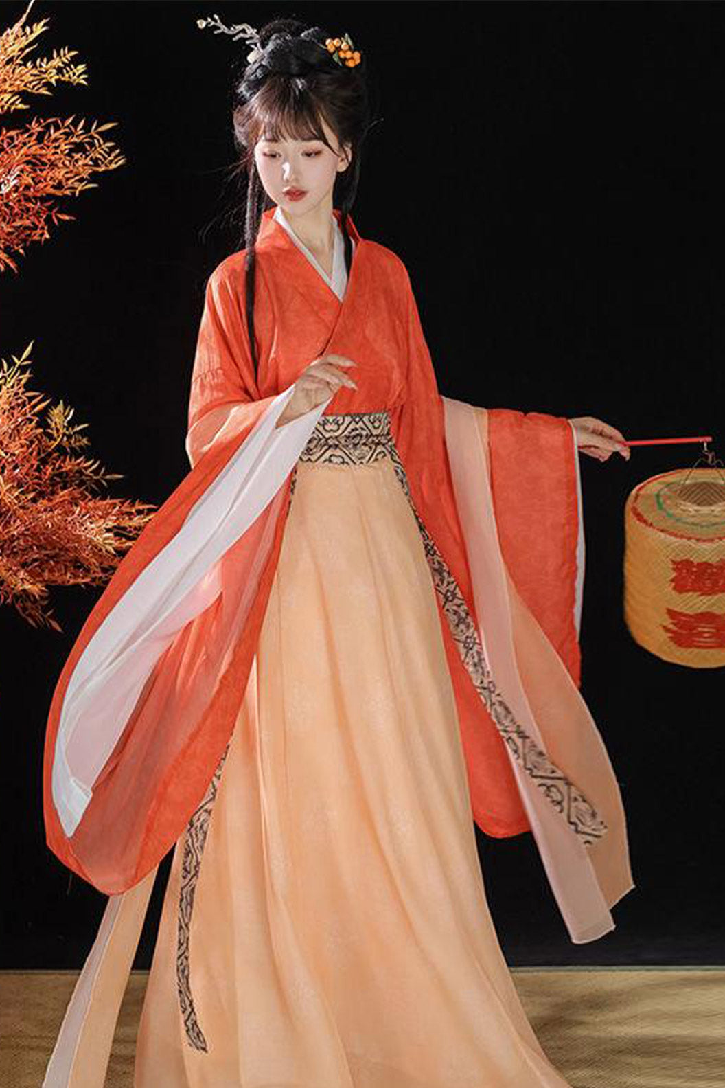 WeiJin Dynasty Printed Cross Collar Wide Sleeves Chinese Style Qiyao Poqun Hanfu Dress - changan 长安