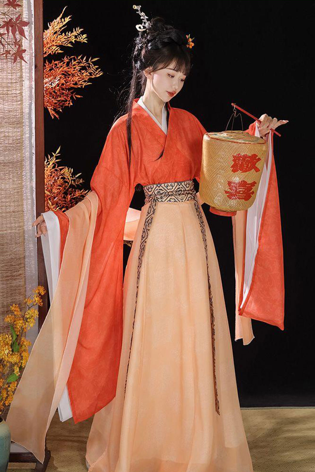 WeiJin Dynasty Printed Cross Collar Wide Sleeves Chinese Style Qiyao Poqun Hanfu Dress - changan 长安