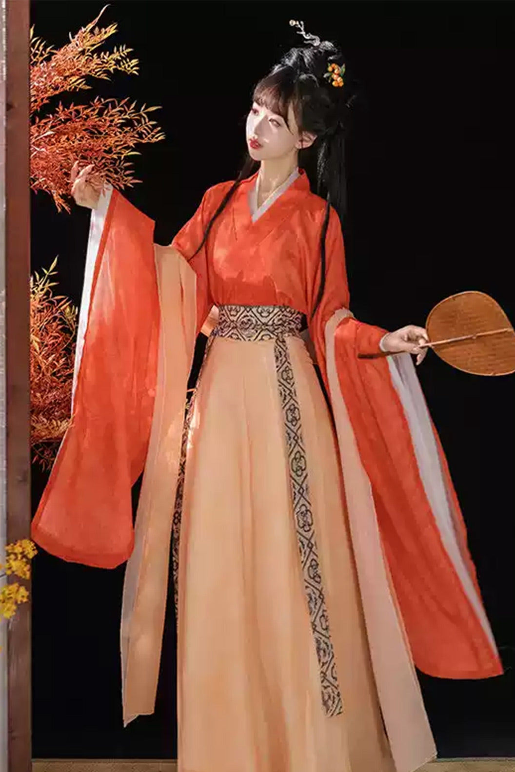 WeiJin Dynasty Printed Cross Collar Wide Sleeves Chinese Style Qiyao Poqun Hanfu Dress - changan 长安