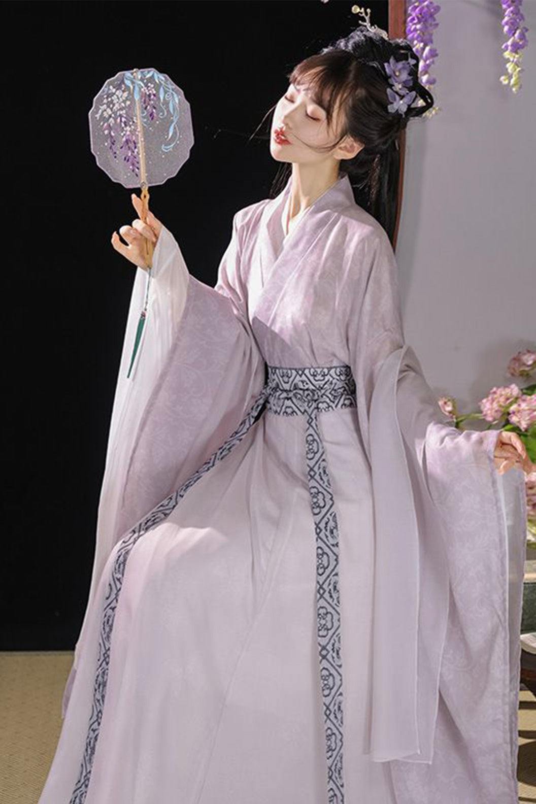 WeiJin Dynasty Printed Cross Collar Wide Sleeves Chinese Style Qiyao Poqun Hanfu Dress - changan 长安