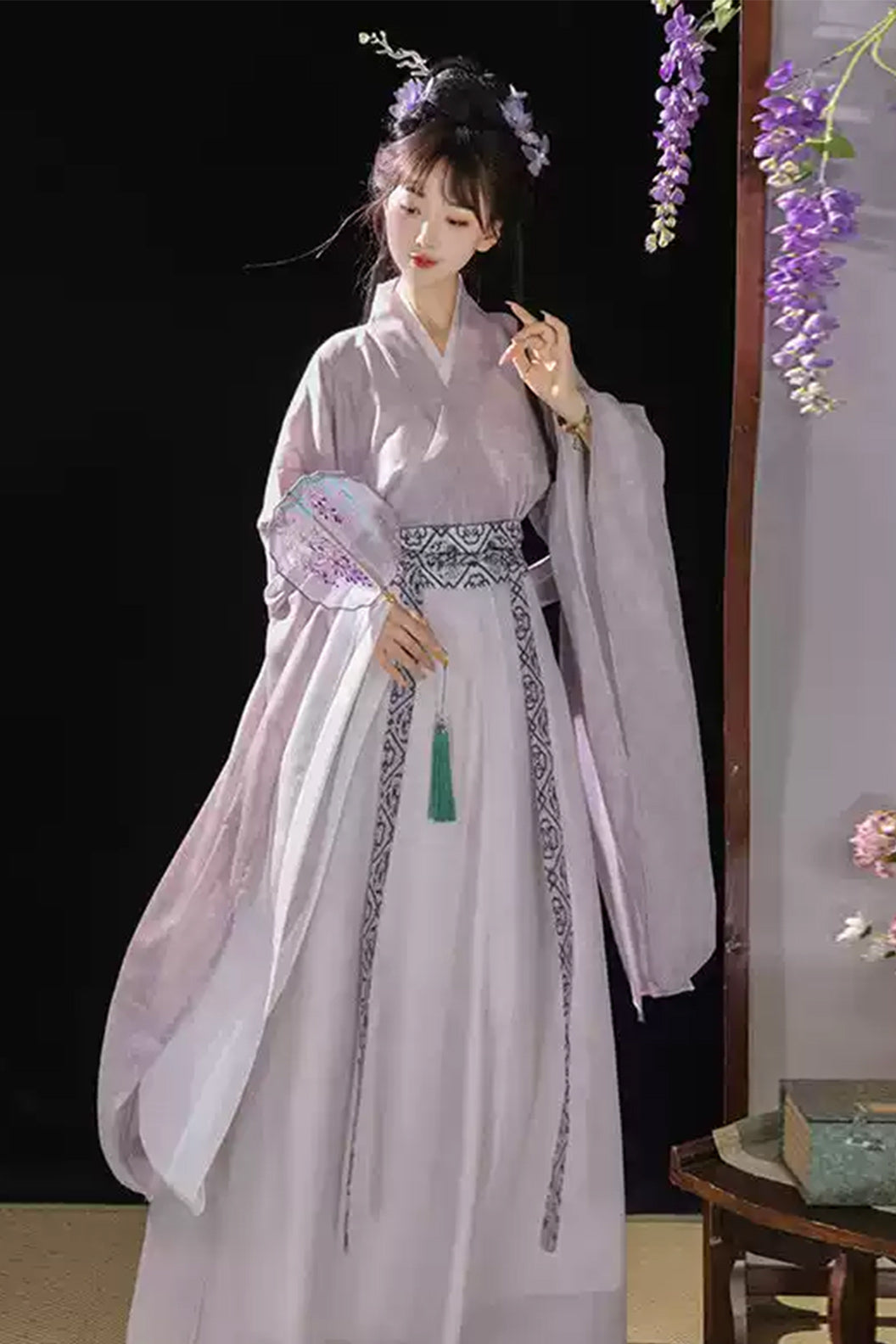 WeiJin Dynasty Printed Cross Collar Wide Sleeves Chinese Style Qiyao Poqun Hanfu Dress - changan 长安