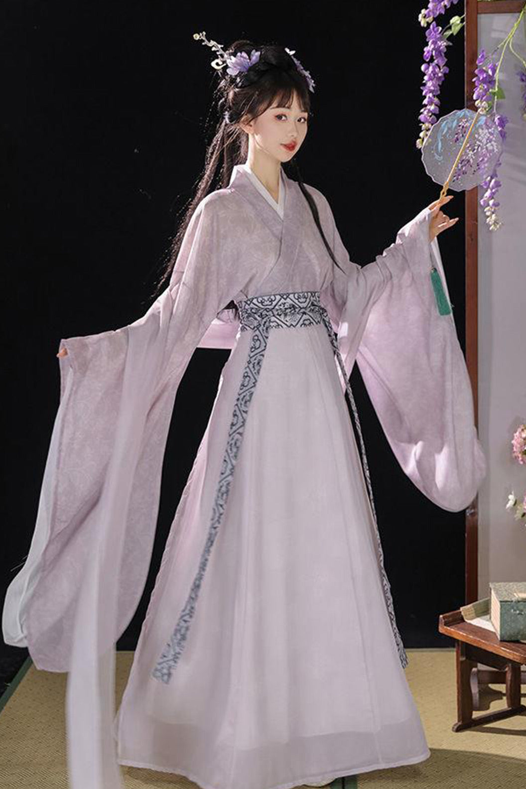 WeiJin Dynasty Printed Cross Collar Wide Sleeves Chinese Style Qiyao Poqun Hanfu Dress - changan 长安
