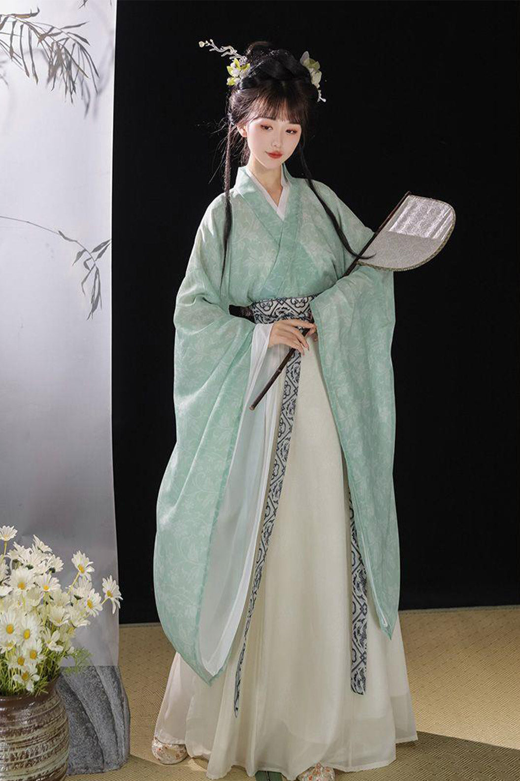 WeiJin Dynasty Printed Cross Collar Wide Sleeves Chinese Style Qiyao Poqun Hanfu Dress - changan 长安