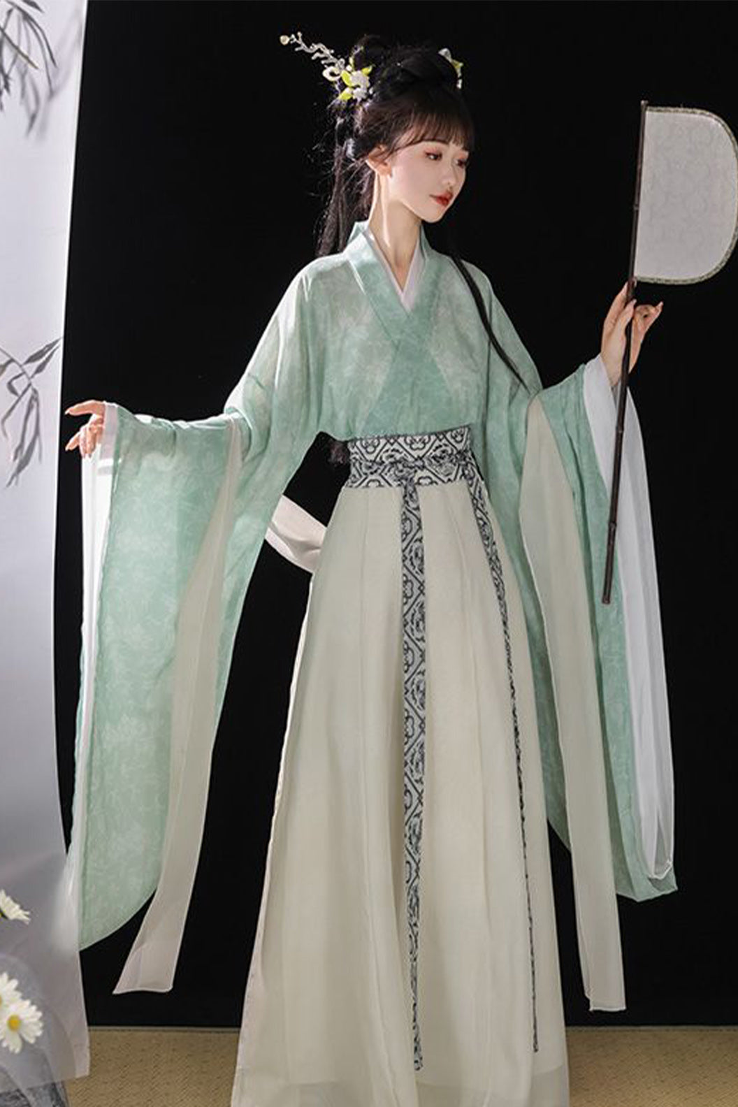WeiJin Dynasty Printed Cross Collar Wide Sleeves Chinese Style Qiyao Poqun Hanfu Dress - changan 长安