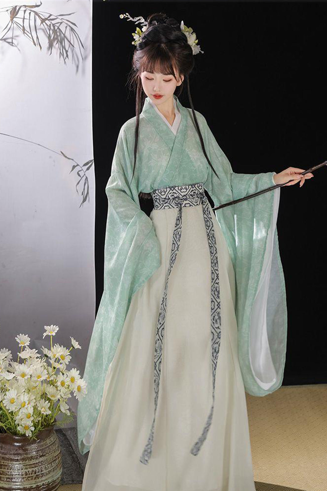WeiJin Dynasty Printed Cross Collar Wide Sleeves Chinese Style Qiyao Poqun Hanfu Dress - changan 长安