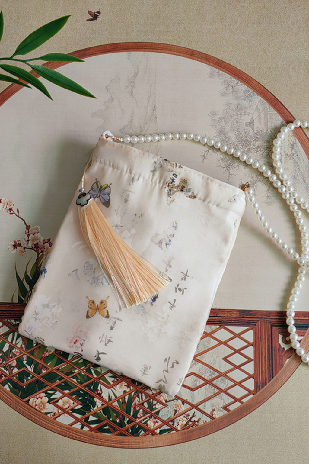 Crossbody Bag Beige Butterfly Pearl for Tang Song Dynasty
