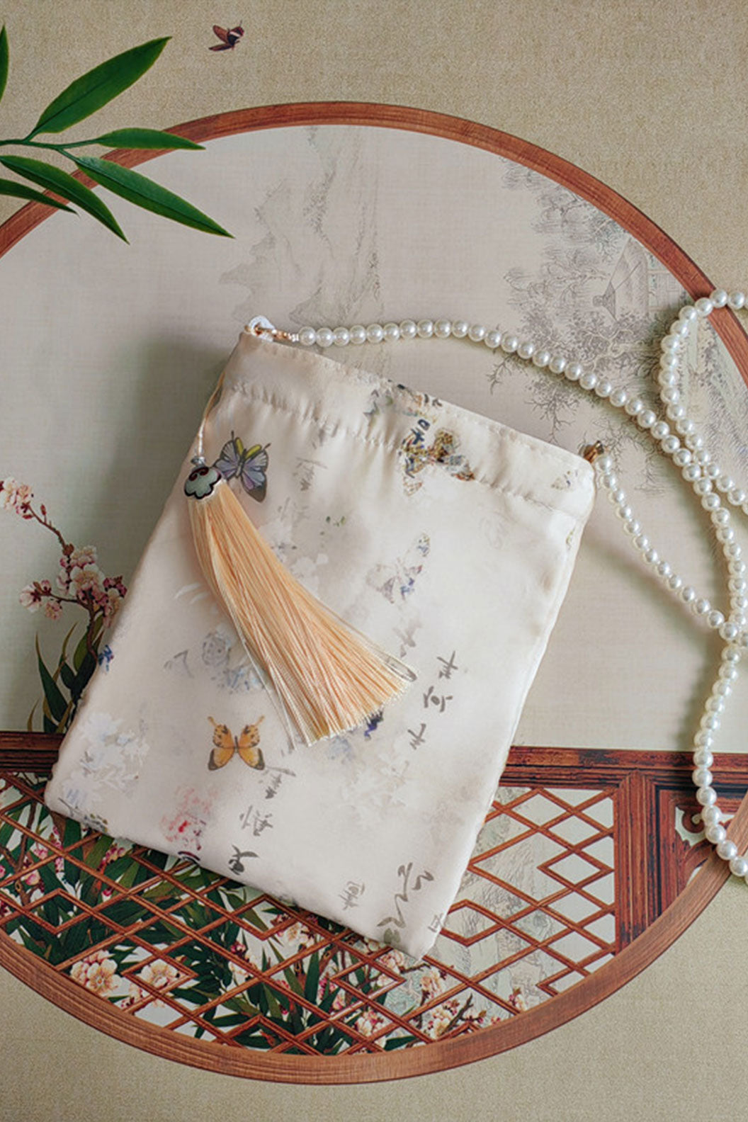 Crossbody Bag Beige Butterfly Pearl for Tang Song Dynasty