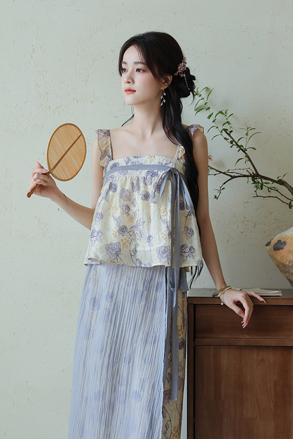 Casual Hanfu for Summer with Lilac Floral Blue Print - huaying 花影