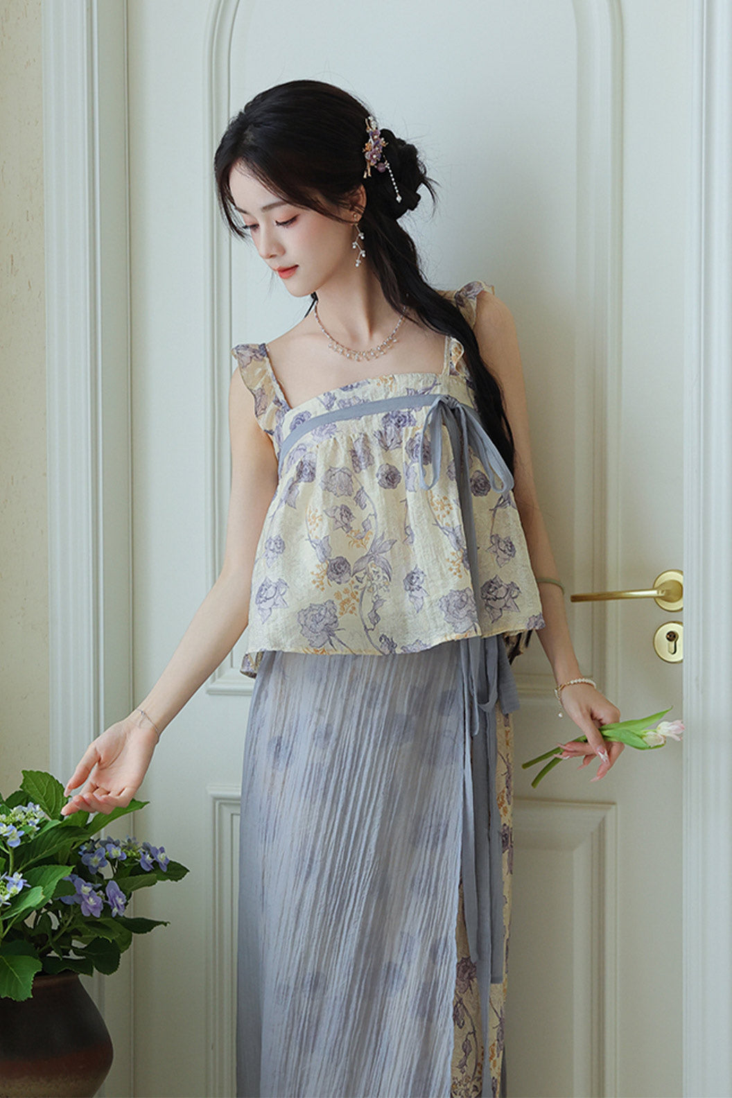Casual Hanfu for Summer with Lilac Floral Blue Print - huaying 花影
