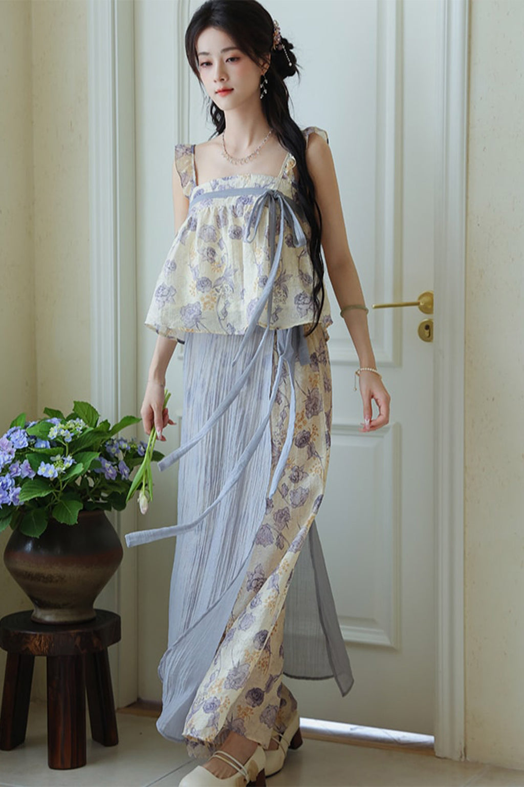 Casual Hanfu for Summer with Lilac Floral Blue Print - huaying 花影