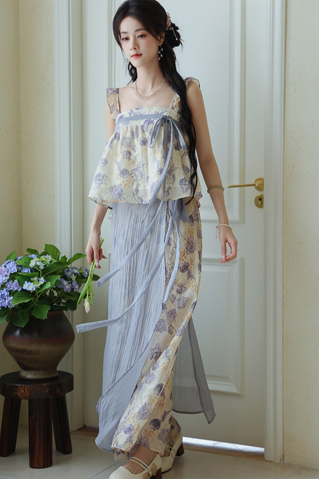 Casual Hanfu for Summer with Lilac Floral Blue Print - huaying 花影