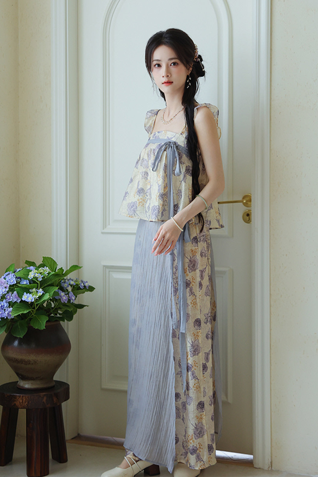 Casual Hanfu for Summer with Lilac Floral Blue Print - huaying 花影