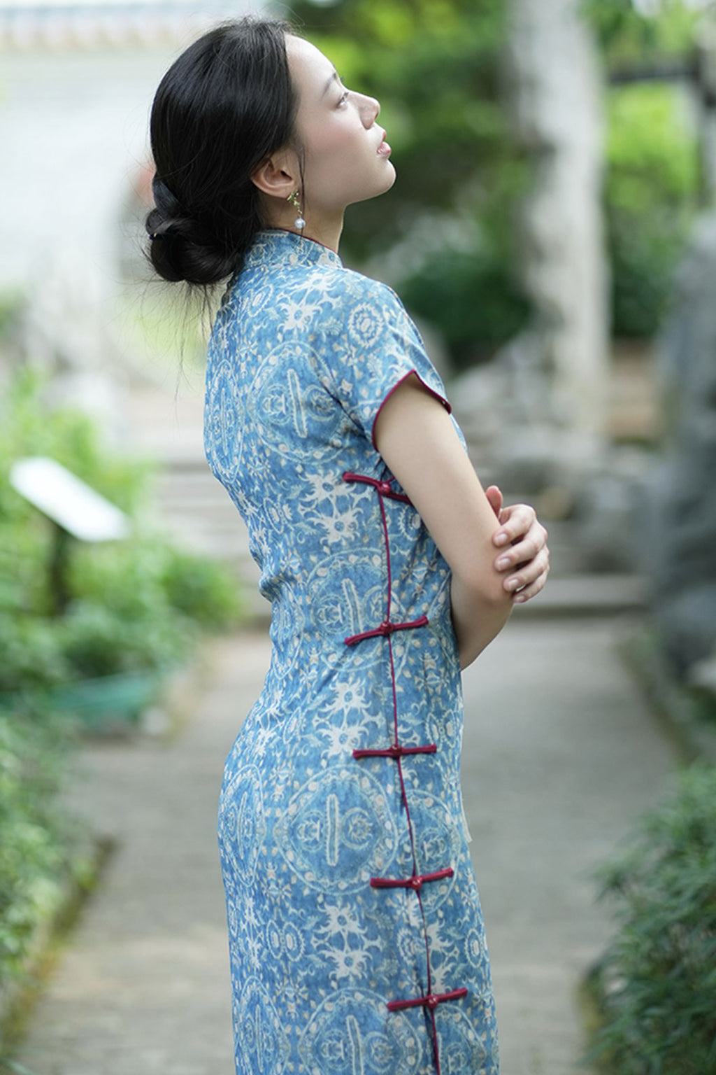 Cheongsam Qipao Blue Full Opening Collar Modern Chinese Style - xiyangjing 西洋镜