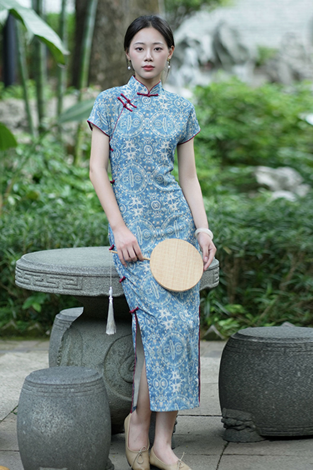 Cheongsam Qipao Blue Full Opening Collar Modern Chinese Style - xiyangjing 西洋镜