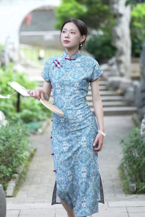 Cheongsam Qipao Blue Full Opening Collar Modern Chinese Style - xiyangjing 西洋镜