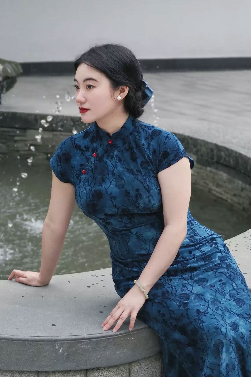 Cheongsam Qipao Blue Qipao Dress for Casual Wear Modern Chinese Style - fuguangjin 浮光锦