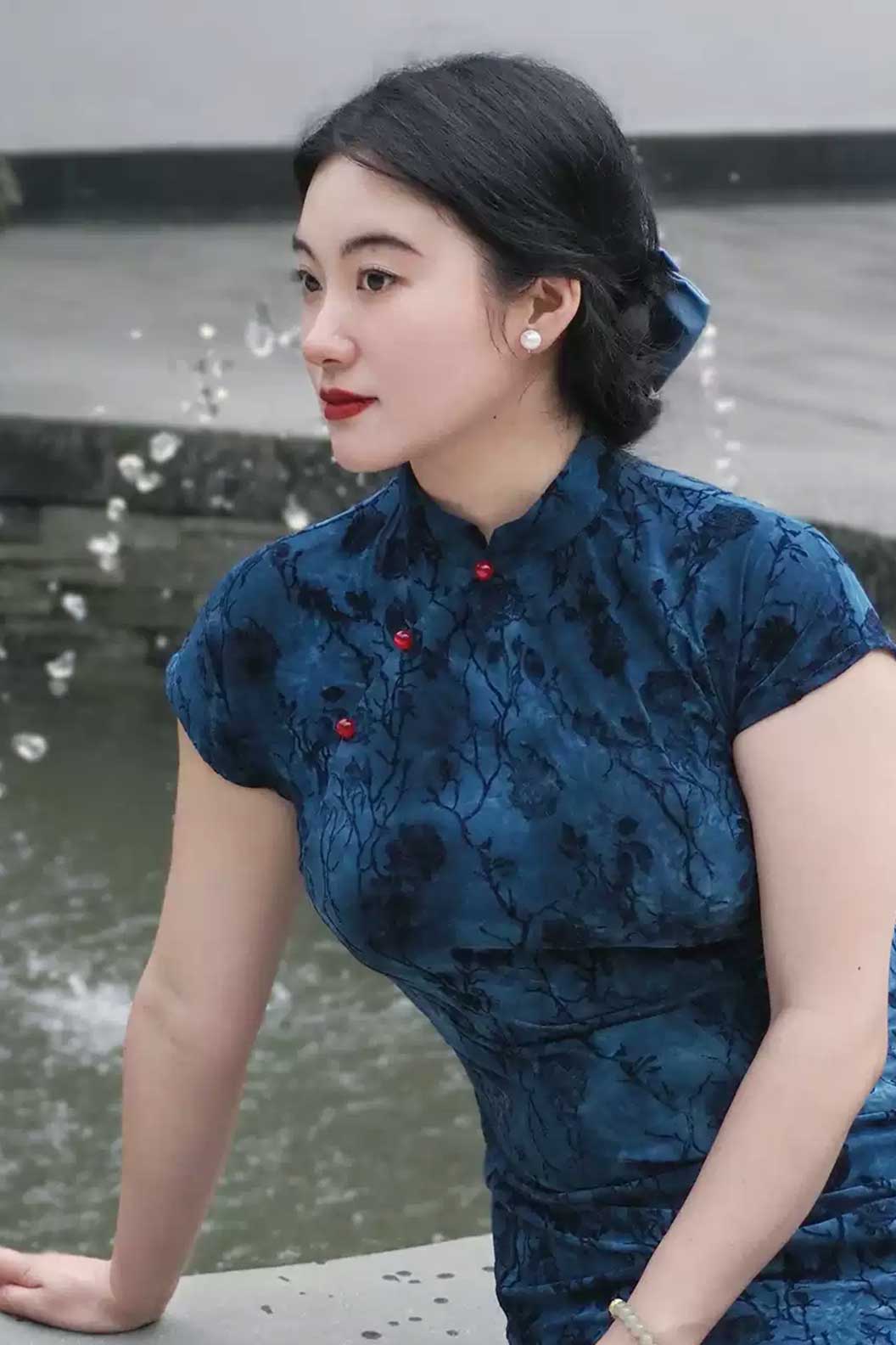 Cheongsam Qipao Blue Qipao Dress for Casual Wear Modern Chinese Style - fuguangjin 浮光锦