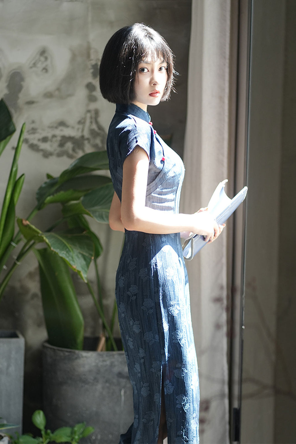 Cheongsam Qipao Blue Short Sleeve Republican Style for Casual Wear - yizhiqinsu 一纸情愫