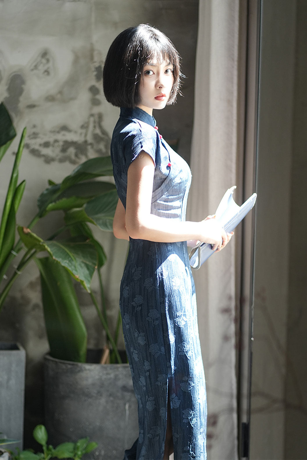 Cheongsam Qipao Blue Short Sleeve Republican Style for Casual Wear - yizhiqinsu 一纸情愫