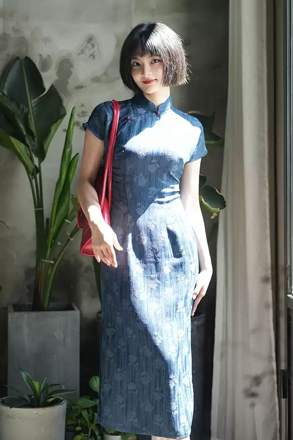 Cheongsam Qipao Blue Short Sleeve Republican Style for Casual Wear - yizhiqinsu 一纸情愫