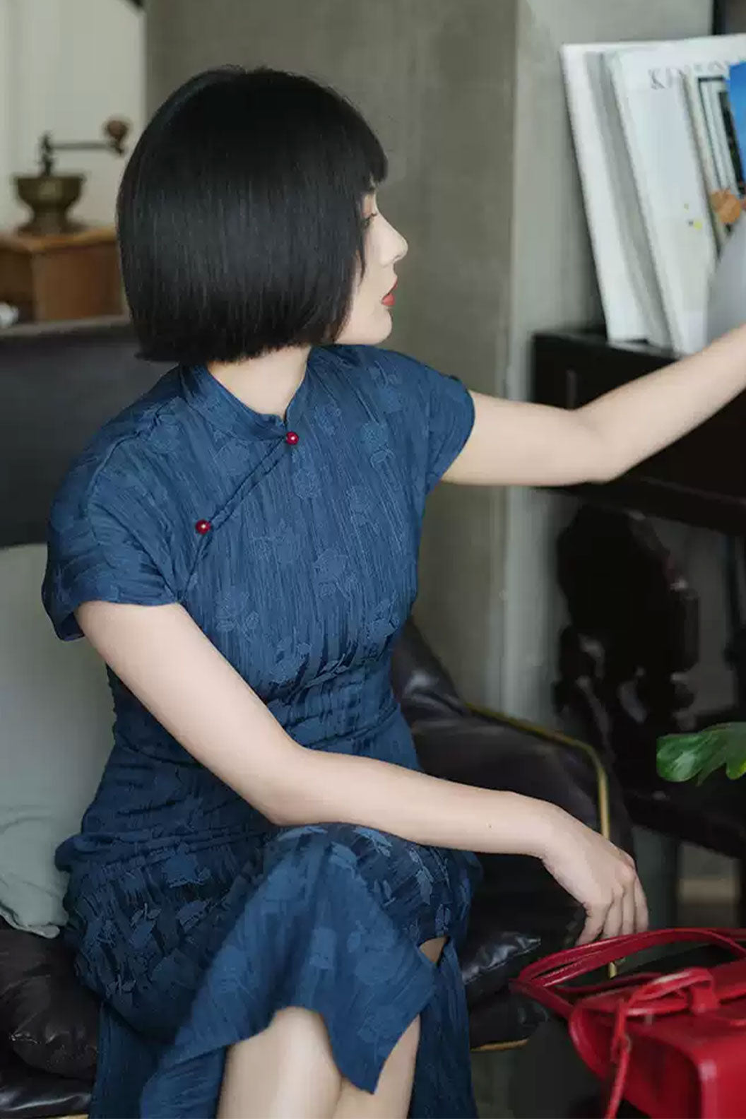Cheongsam Qipao Blue Short Sleeve Republican Style for Casual Wear - yizhiqinsu 一纸情愫
