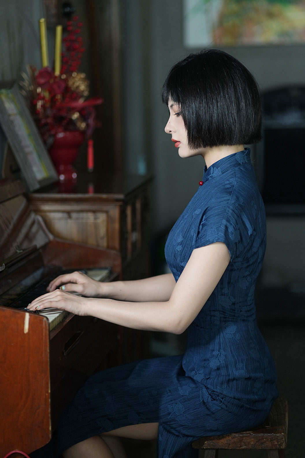 Cheongsam Qipao Blue Short Sleeve Republican Style for Casual Wear - yizhiqinsu 一纸情愫