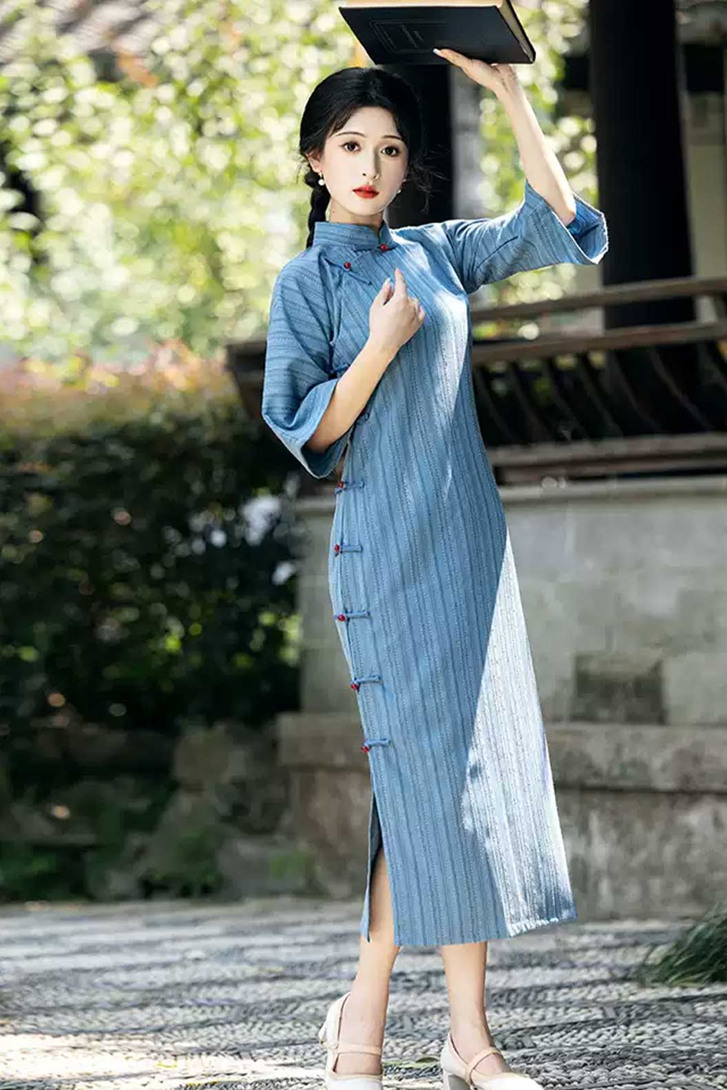 Cheongsam Qipao Blue Wide Sleeve Dress Republican Era Vintage Style - qingqiuyouxin 清秋有信