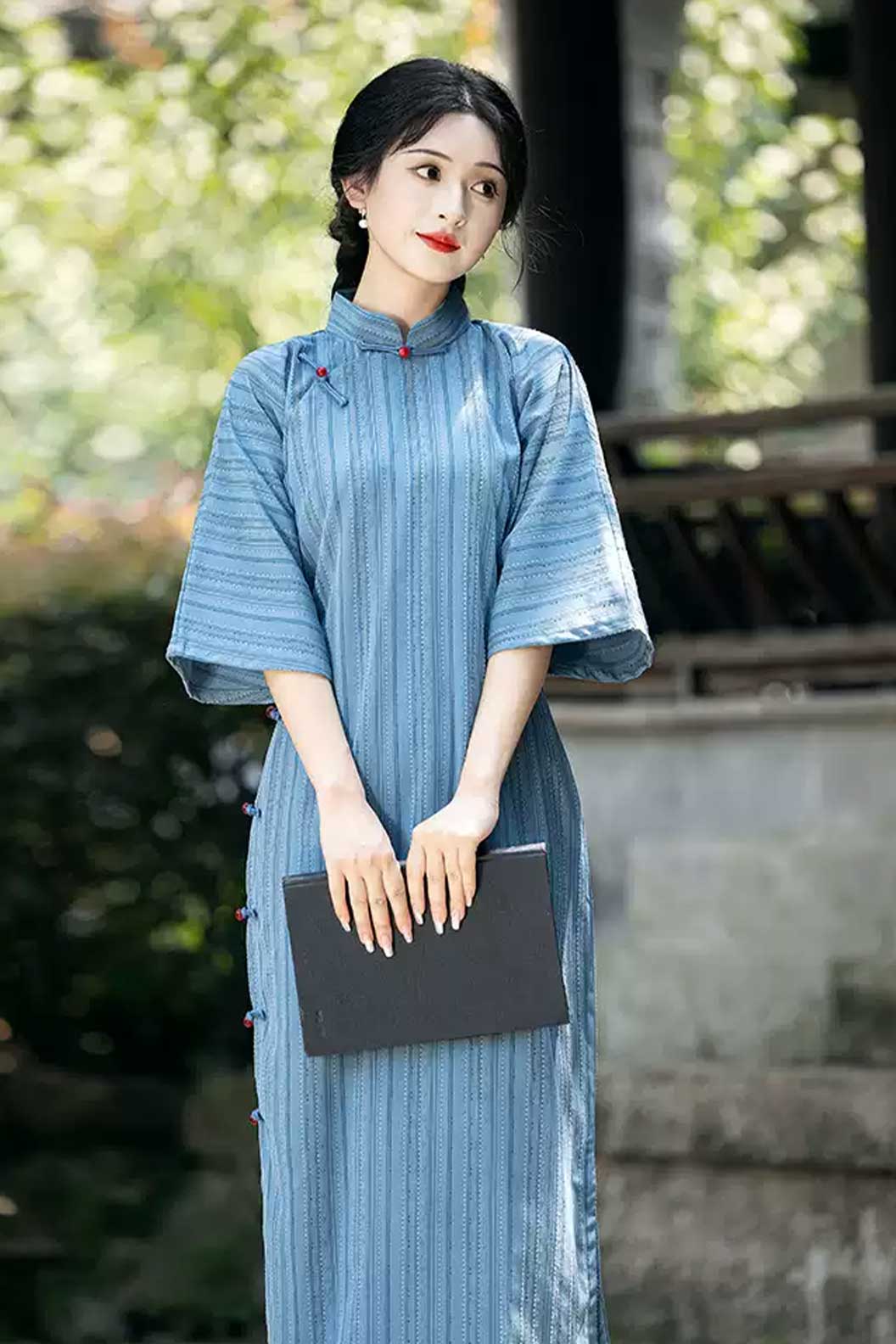 Cheongsam Qipao Blue Wide Sleeve Dress Republican Era Vintage Style - qingqiuyouxin 清秋有信