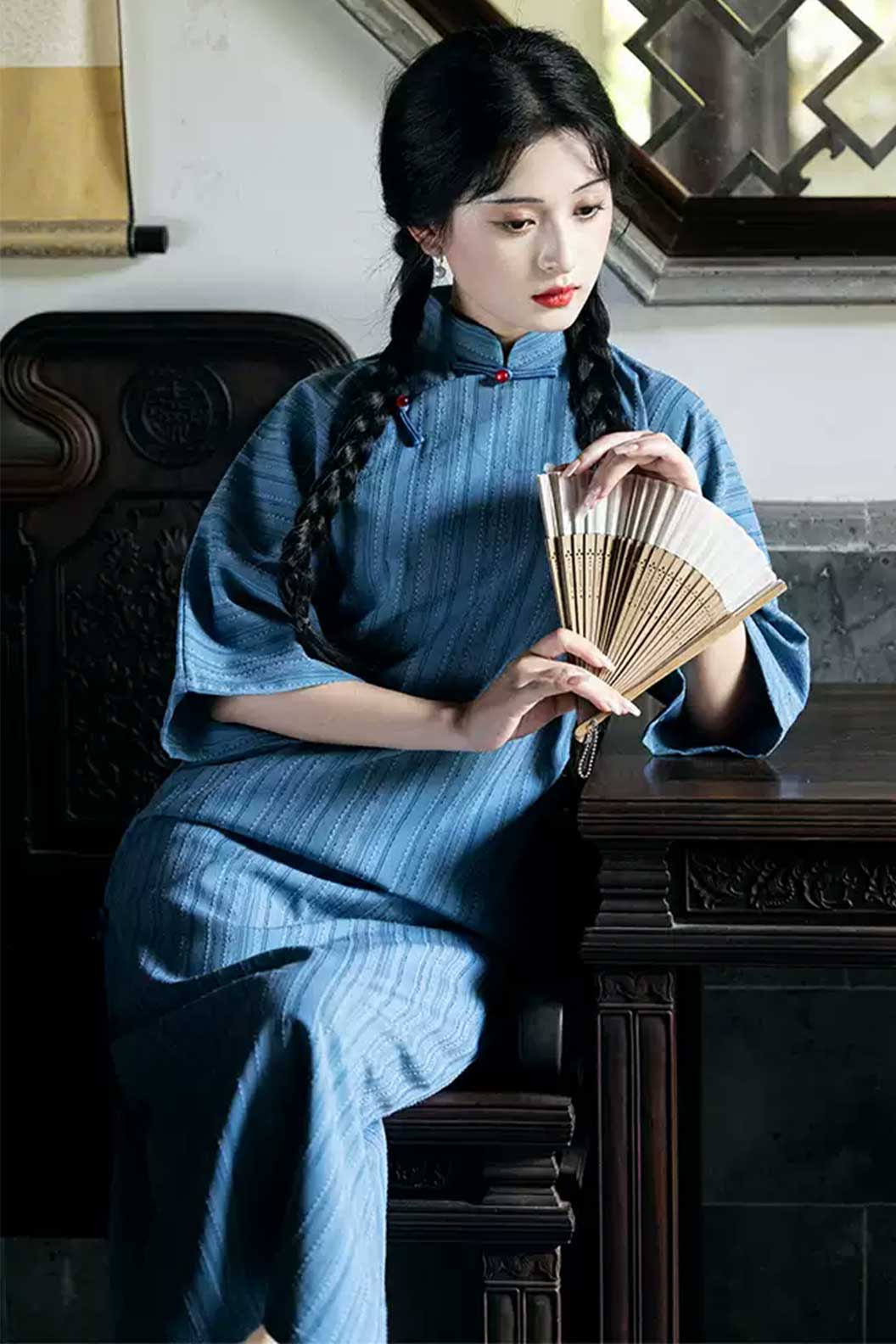 Cheongsam Qipao Blue Wide Sleeve Dress Republican Era Vintage Style - qingqiuyouxin 清秋有信