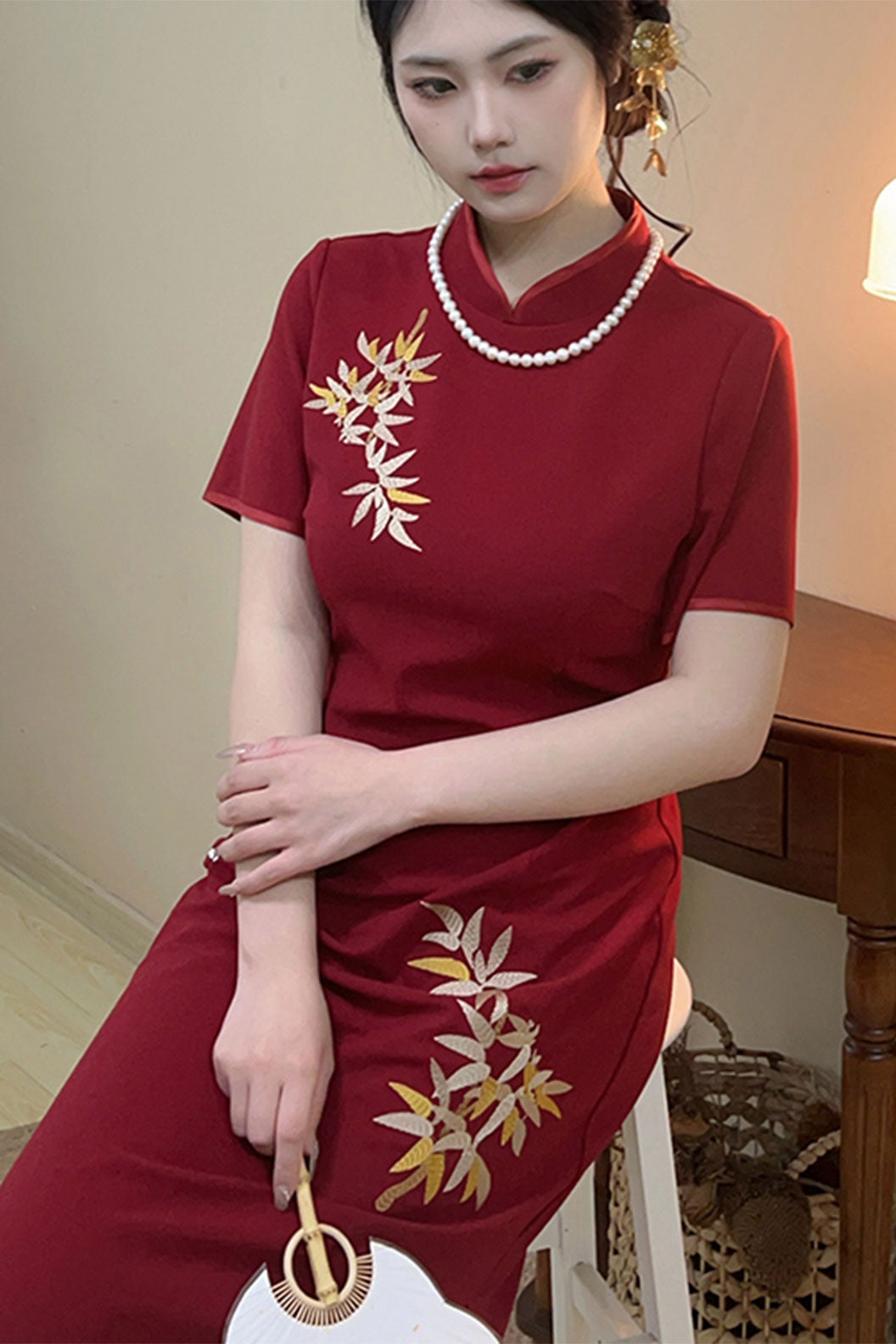 Cheongsam Qipao Embroidered Bamboo Red Qipao - fenghua 风华