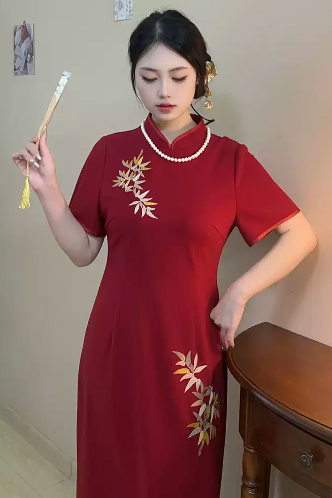 Cheongsam Qipao Embroidered Bamboo Red Qipao - fenghua 风华