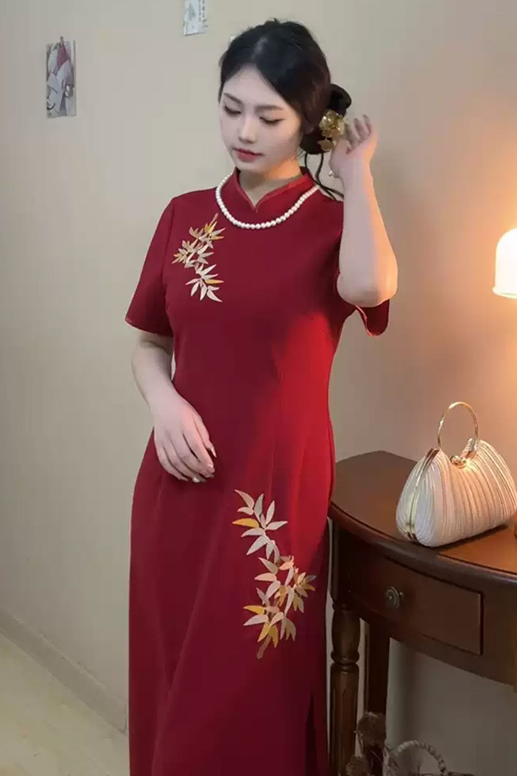 Cheongsam Qipao Embroidered Bamboo Red Qipao - fenghua 风华