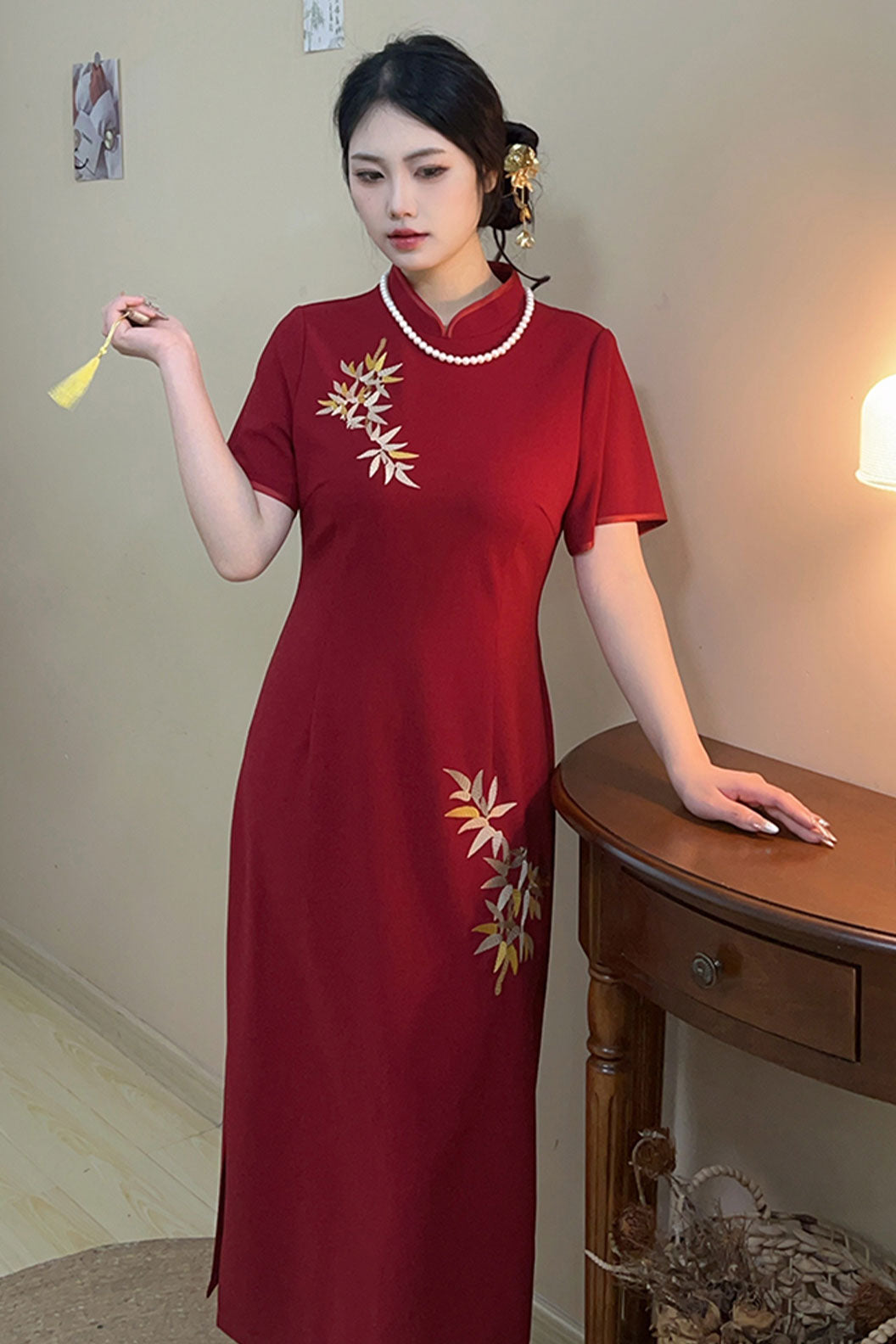 Cheongsam Qipao Embroidered Bamboo Red Qipao - fenghua 风华