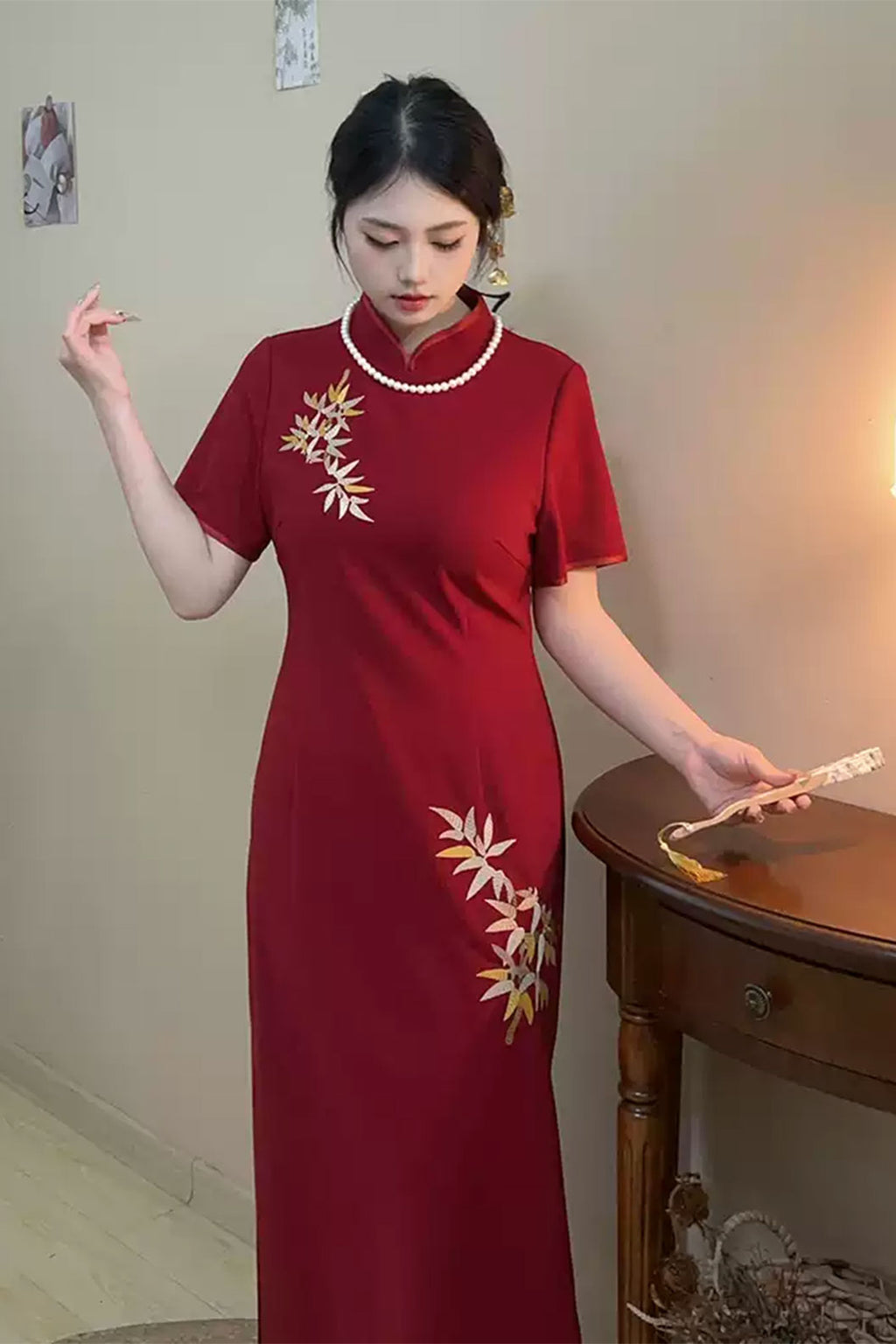 Cheongsam Qipao Embroidered Bamboo Red Qipao - fenghua 风华