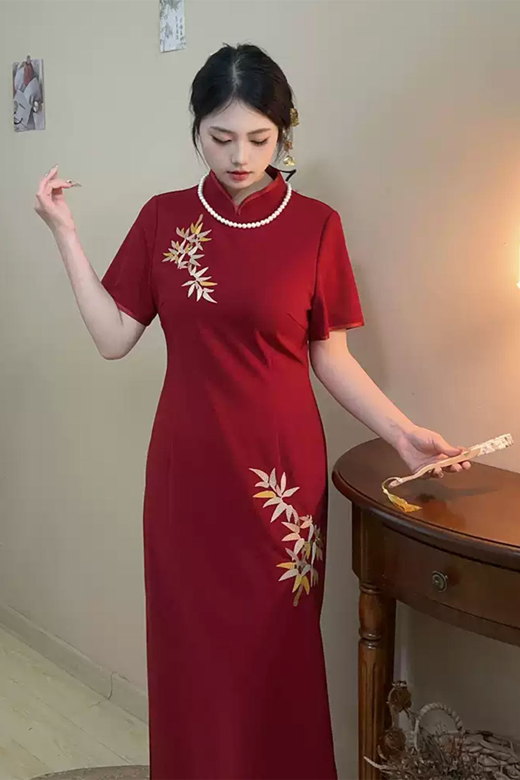 Cheongsam Qipao Embroidered Bamboo Red Qipao - fenghua 风华