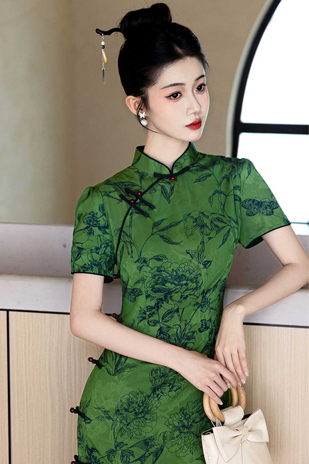 Cheongsam Qipao Green Qipao Dress Slim Fit Daily Wear Modern Chinese Style - zuichunyan 醉春烟