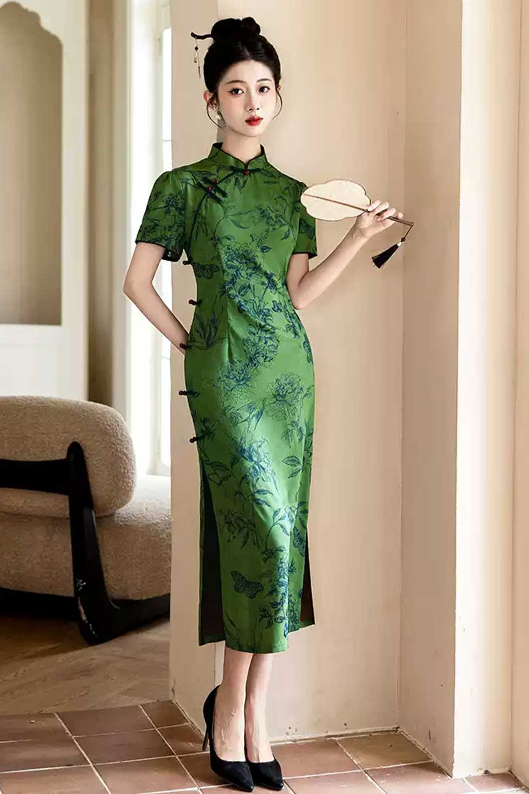 Cheongsam Qipao Green Qipao Dress Slim Fit Daily Wear Modern Chinese Style - zuichunyan 醉春烟