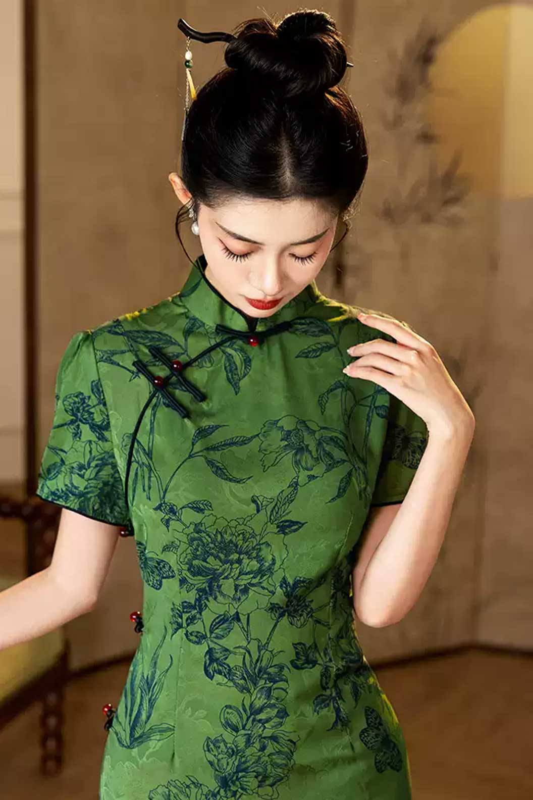Cheongsam Qipao Green Qipao Dress Slim Fit Daily Wear Modern Chinese Style - zuichunyan 醉春烟