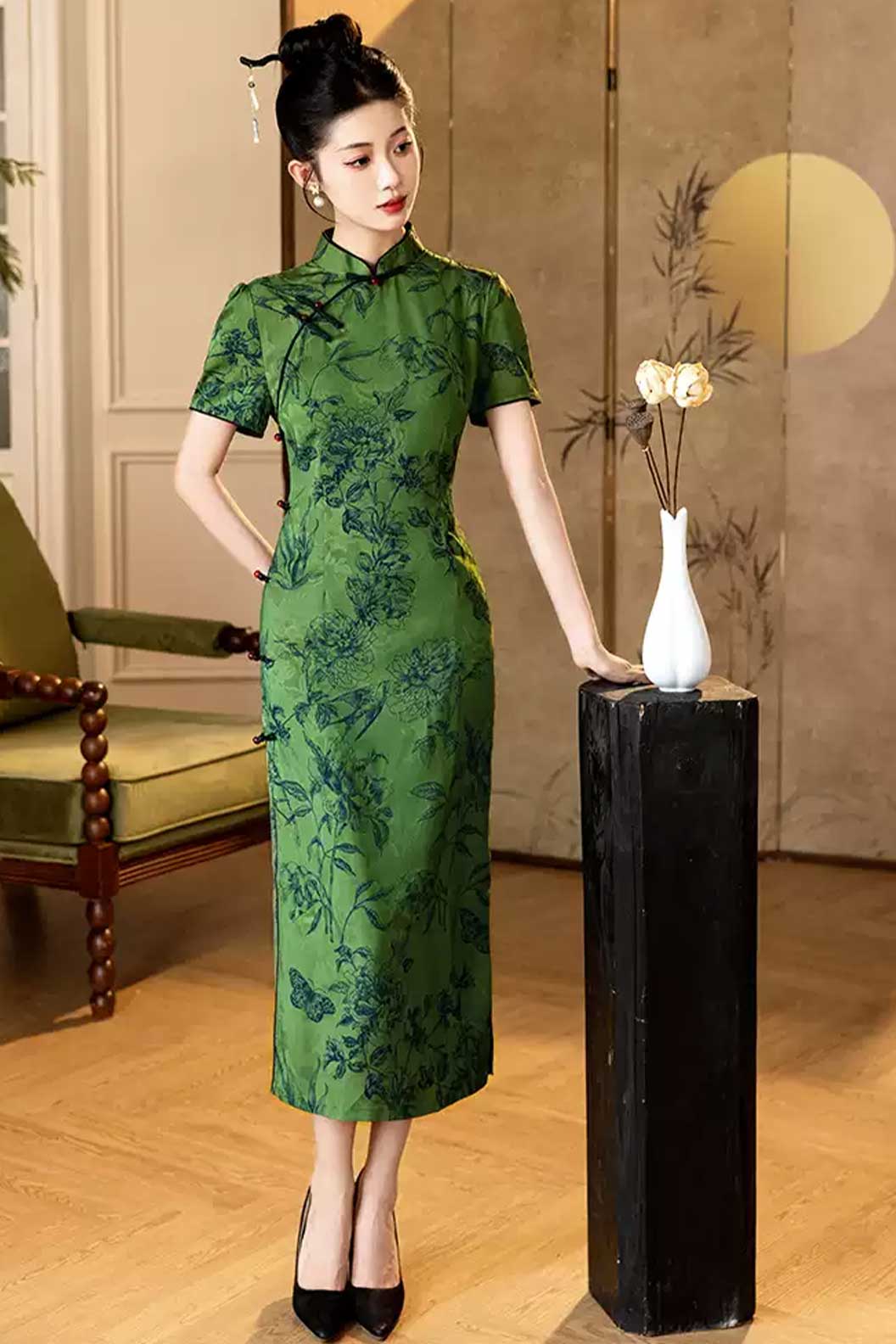 Cheongsam Qipao Green Qipao Dress Slim Fit Daily Wear Modern Chinese Style - zuichunyan 醉春烟